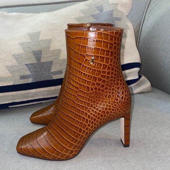 Jimmy Choo minori 85 croc embossed leather logo booties brown boots 35 NWT - Picture 4 of 14